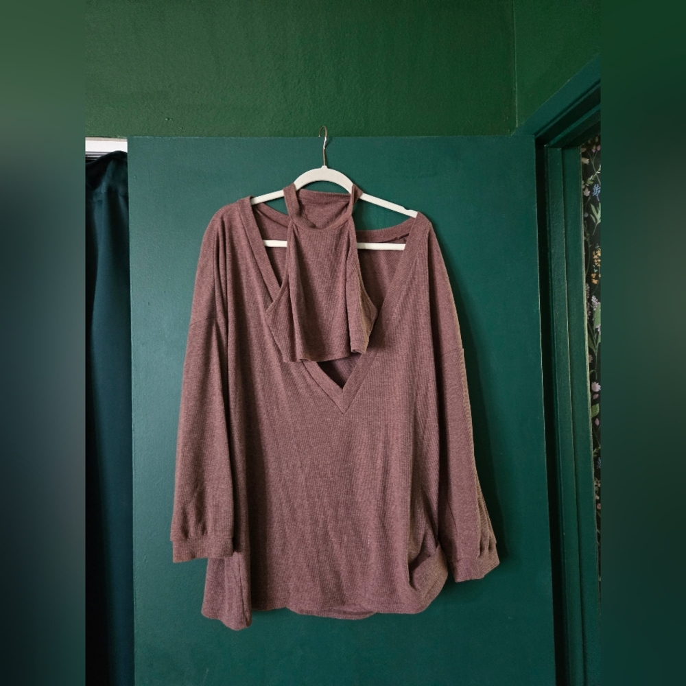 Brown Knit V-Neck Sweater With Halter Top
